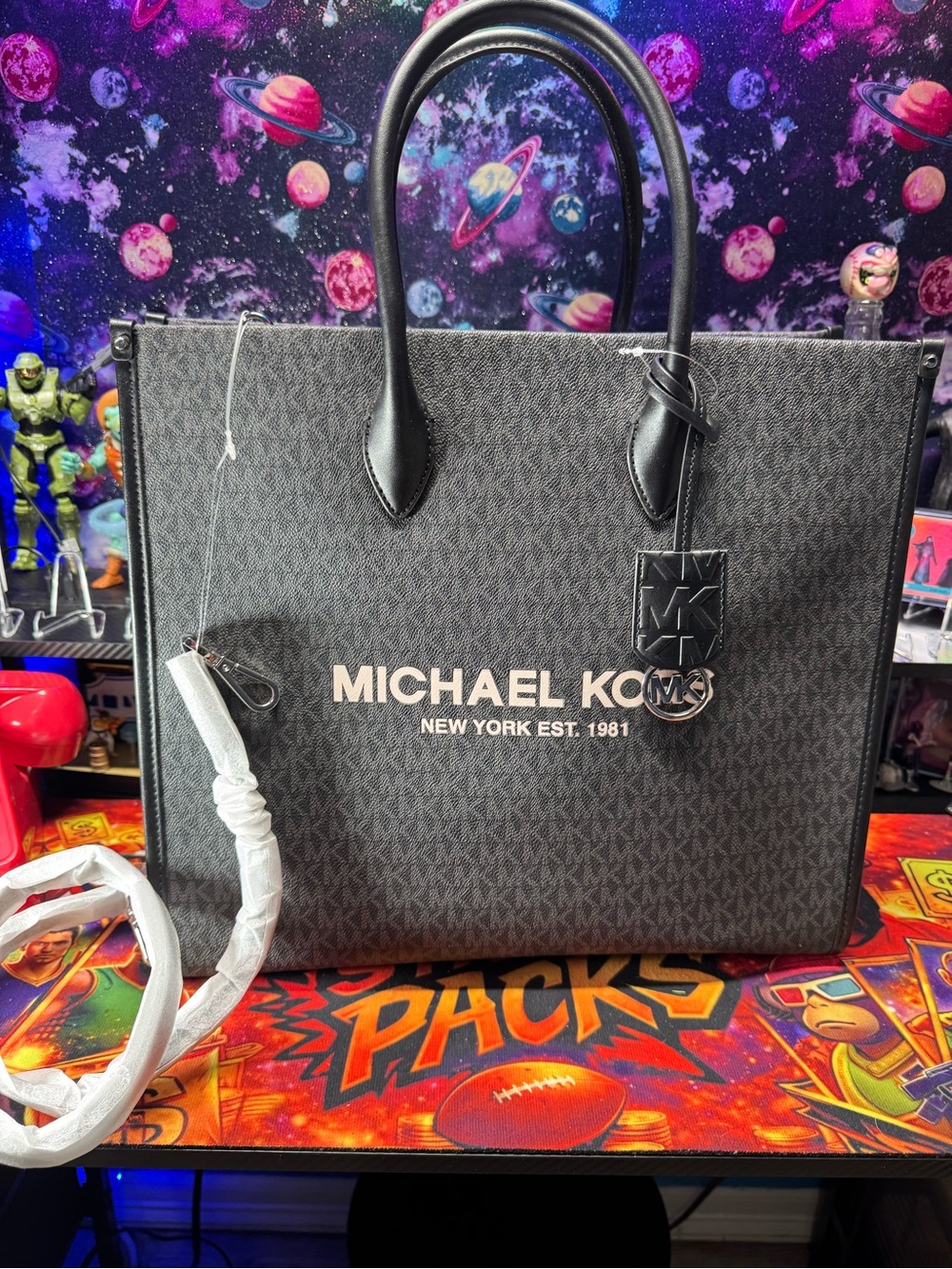 Michael Kors Black Logo-Print Messenger Tote with Silver Hardware